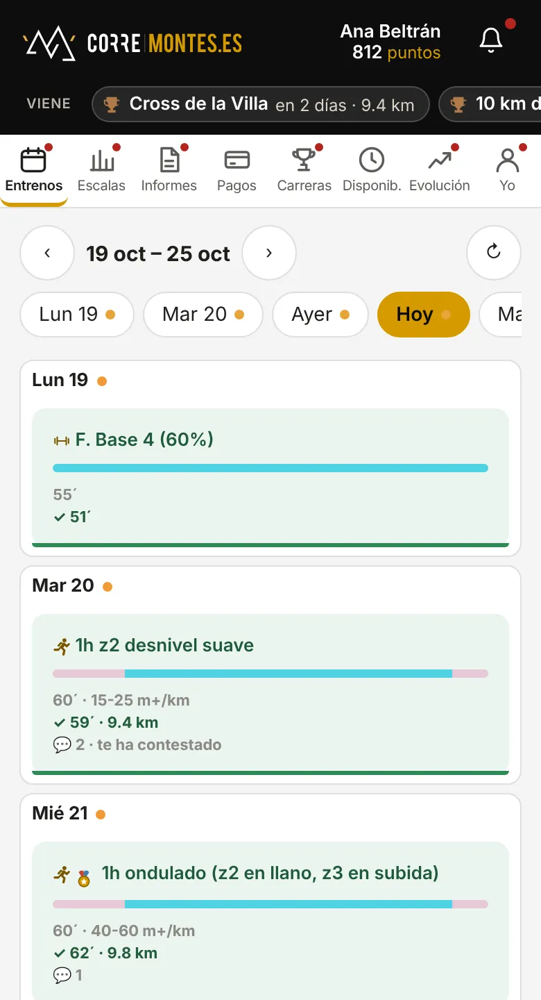 La semana en el móvil: cada día con su entreno, el tiempo y lo que ya está hecho